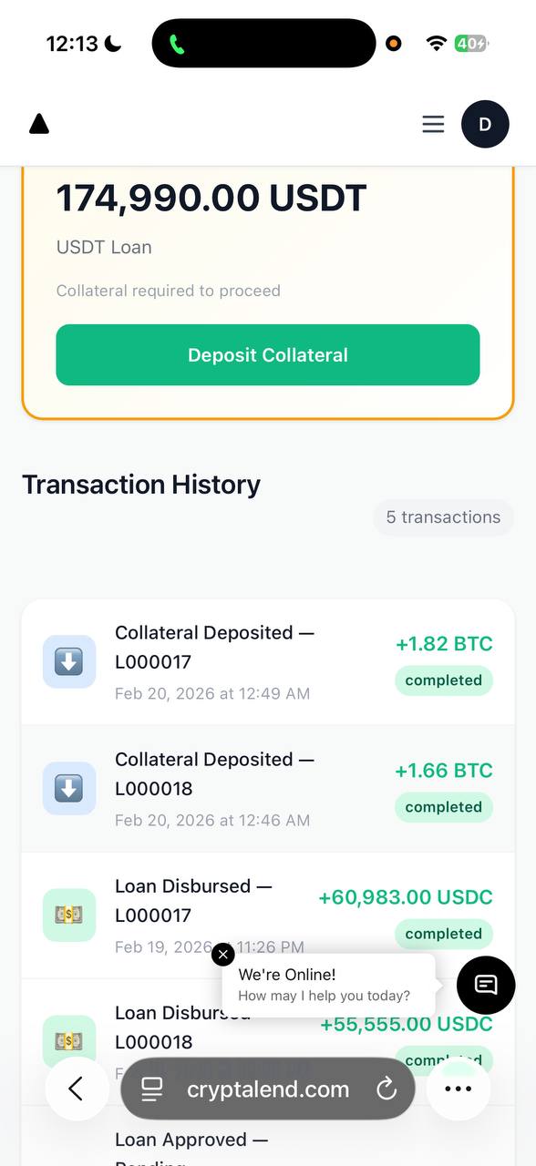 CryptaLend app showing active loans
